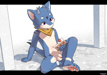 2_horns 4_toes 5_fingers anthro arm_markings balls biped black_markings blue_body blue_fur blue_tail cake cheek_tuft circle_eyebrows claws dessert eyebrows facial_markings facial_tuft feet finger_claws fingers flaccid food foreskin fur genitals glans head_markings hindpaw holding_cake holding_food holding_object horn humanoid_genitalia humanoid_penis kerchief kerchief_only looking_at_food looking_at_object male male_anthro markings mostly_nude mostly_nude_anthro mostly_nude_male multicolored_tail navel neckerchief neckerchief_only neckwear nipples partially_retracted_foreskin pawpads paws penis pink_glans pink_nipples pink_pawpads purple_eyes simple_background sitting solo tail text toes tuft white_background white_balls white_body white_eyebrows white_fur white_inner_ear white_penis white_tail yellow_kerchief yellow_neckerchief young young_anthro young_male cubboard mythology arkgon domestic_cat dragon felid feline felis furred_dragon furred_scalie hybrid mammal mythological_creature mythological_scalie scalie 2025 absurd_res artist_name dated digital_media_(artwork) hi_res signature