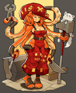 6_arms anvil apron belt big_breasts blacksmith breasts button_(fastener) chisel clamp clothed clothing dagger duo eyes_closed feet female feral footwear freckles fur hammer hat headgear headwear holding_object humanoid_feet looking_at_viewer male melee_weapon membrane_(anatomy) multi_arm multi_limb noseless orange_body orange_skin orange_tentacles pawpads plantigrade pouch_(clothing) pseudo_hair sandals shoes smile tentacle_hair tentacles toes tools weapon webbed_feet whiskers white_body white_fur wide_hips ceehaz hama_(ceehaz) michael_(ceehaz) animal_humanoid aquatic aquatic_humanoid cephalopod cephalopod_humanoid felid feline felis humanoid mammal mollusk mollusk_humanoid octopus_humanoid 2020 absurd_res hi_res