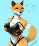 anthro black_clothing black_underwear bra bra_straps breasts clothing crossed_arms eyebrows eyelashes female fur green_eyes looking_away navel nipples orange_body orange_fur panties pointy_nipples pose raised_tail simple_background smile solo tail text underwear white_body white_fur danyus canid canine canis fox mammal 2022 digital_drawing_(artwork) digital_media_(artwork) hi_res pinup watermark