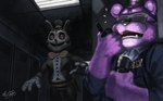 anthro bow_tie clothed clothing duo electronics flashlight hat headgear headwear holding_flashlight holding_object holding_walkie_talkie light machine male open_mouth purple_body red_eyes scared teeth terror top_hat walkie-talkie ewademar five_nights_at_freddy's scottgames animatronic arthropod bear bee hymenopteran insect mammal robot 2023 absurd_res digital_media_(artwork) hi_res