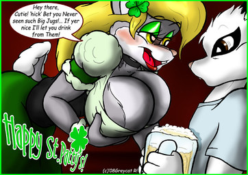 alcohol anthro bar barmaid beer beverage big_breasts blonde_hair blush breast_grab breasts cleavage clothed clothing clover_(plant) clover_leaf drunk duo female food four_leaf_clover hair hand_on_breast holidays leaf lipstick makeup male plant substance_intoxication text greycat_rademenes st._patrick's_day beth_blosoms lagomorph leporid mammal rabbit 2008 english_text