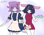 accessory anthro blue_eyes bow_ribbon breasts clothed clothing dessert dipstick_tail dress duo female food fur gloves hair hair_accessory hair_bow hair_ribbon handwear heart_symbol holding_plate ice_cream looking_at_viewer maid_uniform markings menu multicolored_body multicolored_fur open_mouth paper pink_cheeks pink_nose plate purple_body purple_eyes purple_fur purple_hair purple_nose purple_tail red_clothing red_dress ribbons simple_background smile tail tail_markings teeth text uniform waiter waiter_suit white_body white_fur quwwhhw vkontakte masyunya_(vkontakte) usagichi_(vkontakte) domestic_cat felid feline felis lagomorph leporid mammal rabbit 2022 5:4 artist_name