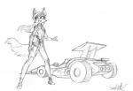 anthro armor bodysuit clothing female hair headgear helmet long_hair race_car simple_background skinsuit smile tight_clothing david_lillie dreamkeepers the_wayward_astronomer miri_rodgers canid canine fox mammal black_and_white hi_res monochrome sketch