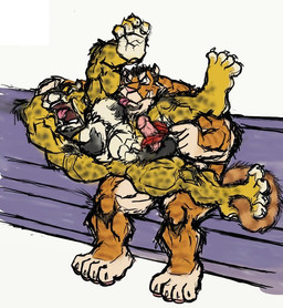 4_toes anthro armpit_fetish armpit_lick armpit_play beard claws duo facial_hair feet fur genitals holding_feather laugh licking loose_feather male male/male markings multicolored_body multicolored_fur muscular muscular_anthro muscular_male nude_anthro nude_male open_mouth open_smile orange_body orange_fur penis pink_nose pink_tongue red_loose_feather simple_background sitting smile spots spotted_body spotted_fur tail tail_tickle tan_body tan_fur tickle_fetish tickling tickling_armpits tickling_feet tickling_genitalia tickling_penis toe_claws toes tongue tongue_out white_background yellow_body yellow_fur kctk cheetah felid feline mammal pantherine tiger