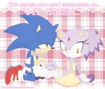 anthro bindi blue_body blush duo female fur green_eyes male purple_body purple_fur yellow_eyes bluecaramelcloud sega sonic_the_hedgehog_(series) blaze_the_cat sonic_the_hedgehog domestic_cat eulipotyphlan felid feline felis hedgehog mammal absurd_res hi_res