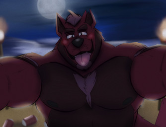 anthro beach belly blush drunk male moobs moon musclegut muscular night nipples outside overweight overweight_male red_body seaside solo substance_intoxication dippubear vic_(dippubear) canid canine canis domestic_dog mammal 2021 hi_res