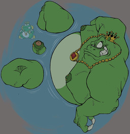 anthro belly claws clenched_teeth crown crown_only genital_piercing genitals headgear headgear_only implied_nudity jewelry jewelry_only male male_anthro mostly_nude nipple_piercing nipples overweight overweight_male partially_submerged penis penis_tip piercing solo teeth water ttrashcatt mario_bros nintendo wart_(mario) amphibian frog hi_res