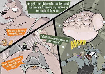 3_panel_comic 5_toes alternative_fashion anthro arm_hair barefoot big_feet big_shoes bodily_fluids body_hair bottomwear bracelet bulge chest_hair clothed clothed_anthro clothed_male clothing dialogue eye_scar eyebrow_piercing facial_piercing facial_scar feet footwear fully_clothed fully_clothed_anthro fully_clothed_male fur green_clothing green_footwear green_shoes grey_body grey_bottomwear grey_clothing grey_fur grey_pants grey_sweatpants group hairy_pecs inside_shoe jewelry macro male micro nails nose_piercing pants piercing pink_body pink_fur punk purple_clothing purple_shirt purple_topwear ripped_sleeves scar screaming shirt shoes speech_bubble spiked_bracelet spikes sweat sweatpants sweaty_feet tank_top tears text toenails toes topwear trio yellow_body yellow_fur dudenahuel nahuel_(dudenahuel) samuel_(dudenahuel) bovid canid canine canis caprine goat iberian_wolf mammal maned_wolf rodent sciurid tree_squirrel wolf 2023 absurd_res comic english_text hi_res multiple_scenes