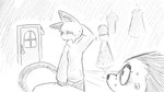 16:9 animal_crossing anthro bell bodily_fluids bottomwear clothed clothing domestic_cat door doorframe doorknob doorway dragonweirdo dress duo eulipotyphlan felid feline felis female freckles greyscale half-closed_eyes hedgehog hi_res holding_object hoodie inside looking_away luggage mammal monochrome motion_lines narrowed_eyes nintendo olivia_(animal_crossing) prick_ears quills_(anatomy) sable_able shirt simple_background snout story story_in_description sweat sweatdrop tail topwear widescreen window