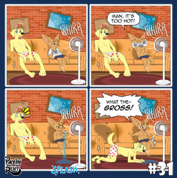 all_fours anthro bodily_fluids clothed clothing dialogue duo electric_fan furniture humor licking male oscillating_fan removing_shirt sitting sofa speech_bubble summer sweat text tongue topless underwear undressing_self ariesartist ben_(ariesartist) roger_(ariesartist) bird_dog canid canine canis domestic_dog fennec_fox fox hunting_dog labrador mammal retriever true_fox alpha_channel comic english_text hi_res