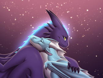 claws duo eyes_closed feral frill_(anatomy) hug looking_at_viewer side_view size_difference smile wings blackbatwolf dreamworks european_mythology how_to_train_your_dragon mythology fan_character dragon fury_(httyd) mythological_creature mythological_scalie scalie western_dragon hi_res