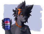 5_fingers anthro beverage black_hair black_sclera claws collar fingers fur grey_body grey_fur hair heterochromia multicolored_hair pawpads pink_pawpads soda solo hyginx art_fight pepsi fray_(reysi) felid feline mammal serval 2024 hi_res