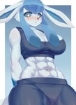 abs anthro big_breasts black_nose blue_body blue_fur blue_sclera blush blush_lines bra breasts clothing eyebrows female front_view fur long_ears looking_at_viewer muscular muscular_anthro muscular_female navel simple_background solo sports_bra sportswear underwear miyanokoko nintendo pokemon eeveelution generation_4_pokemon glaceon pokemon_(species) 2022 digital_media_(artwork) hi_res