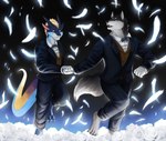 anthro black_tie_(suit) clothing feathers flower male male/male plant romantic suit sun_dragon wedding 7theaven zephyxus mythology teryx favonius solaris teryx_commodore canid canine canis dragon mammal mythological_creature mythological_scalie scalie wolf hi_res