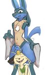 animal_genitalia anthro balls balls_on_head blue_body blue_fur bodily_fluids chest_spike clothing crop_top drooling duo eyes_closed fully_sheathed fur genitals interspecies male male/male nude saliva sheath shirt sitting_on_head spikes spikes_(anatomy) topwear whiskers mindkog nintendo pokemon generation_1_pokemon generation_4_pokemon lucario meowth pokemon_(species)