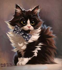 black_body black_fur feral fluffy fur green_eyes inner_ear_fluff long_fur multicolored_body multicolored_fur quadruped sitting solo tuft two_tone_body two_tone_fur whisker_spots whiskers white_body white_fur young alexpahomov domestic_cat felid feline felis mammal 2023 digital_media_(artwork) digital_painting_(artwork) painting_(artwork)