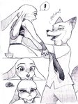 2016 anthro bottomwear canid canine clivef clothed clothing comic disney duo fox fully_clothed fur judy_hopps lagomorph leporid lifting mammal monochrome necktie nick_wilde open_mouth open_smile pants rabbit red_fox shirt smile topwear true_fox zootopia
