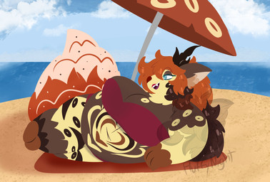 anthro antlers beach belly belly_markings belly_overhang big_breasts black_antlers breasts brown_nose cleavage clothed clothing day female female_anthro fox_tail fur gloves_(marking) heart_(marking) horn huge_breasts leg_markings markings overweight overweight_anthro overweight_female reclining shortstack shortstack_female socks_(marking) solo spotted_legs striped_legs tan_body tan_fur thefluffynight cara_(thefluffynight) mammal species_request 2023 absurd_res colored digital_media_(artwork) hi_res lineless watermark
