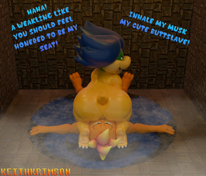 anthro bodily_fluids duo facesitting male male/male musk musk_cloud sitting_on_another sweat text keithkrimson mario_bros nintendo koopaling ludwig_von_koopa fire_bro hammer_bro koopa reptile scalie turtle 3d_(artwork) absurd_res blender_(artwork) digital_media_(artwork) hi_res