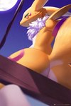 2019 2:3 ancesra anthro bandai_namco biped black_nose black_sclera blue_eyes butt canid chest_tuft digimon digimon_(species) digital_media_(artwork) exposure_variation female flat_chested fur half-closed_eyes hi_res looking_at_viewer looking_back low-angle_view mammal moon narrowed_eyes night nude renamon shaded sitting small_waist smile solo swing text three-quarter_view tuft url white_body white_fur wide_hips yellow_body yellow_fur