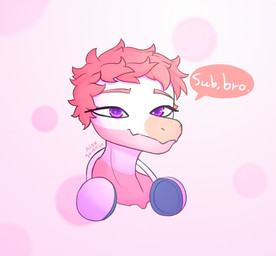 anthro dialogue electronics front_view hair headphones headphones_around_neck looking_at_viewer male markings neck_markings pink_background pink_body pink_hair purple_eyes short_hair simple_background smile solo talking_to_viewer text alexsavenije goodbye_volcano_high ko_op_(game_developer) reed_(gvh) dinosaur dromaeosaurid prehistoric_species reptile saurischian scalie theropod velociraptor artist_name colored english_text headshot_portrait hi_res portrait shaded