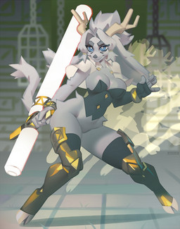 anthro antlers big_breasts blue_eyes boots bottomless bottomless_anthro bottomless_female breasts cleavage clothed clothing female fingerless_gloves footwear fur gloves grey_body grey_fur handwear hooves horn shoes solo tail thick_thighs wide_hips miles_df pseudoregalia sybil_(pseudoregalia) bovid caprine goat mammal