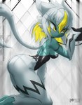 anthro backless_clothing backless_leotard blonde_hair blush breasts butt clothing female fur hair kneeling leotard medium_breasts open-back_leotard solo white_body white_fur rilex_lenov nintendo pokemon zeena_(rilex_lenov) generation_7_pokemon legendary_pokemon pokemon_(species) shiny_pokemon zeraora hi_res