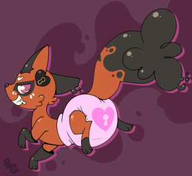 abstract_background ambiguous_gender brown_body brown_clothing brown_ears brown_gloves brown_handwear brown_nose clean_diaper clothed clothing diaper dripping facial_markings feral glistening glistening_eyes gloves goo_drip handwear head_markings heart_symbol latex latex_clothing latex_gloves latex_handwear leg_markings lock_symbol locked_diaper logo looking_back markings orange_body orange_inner_ear pink_diaper sharp_teeth smile socks_(marking) solo spiral spiral_eyes teeth wearing_diaper bubblepuppers nintendo pokemon yuukari generation_8_pokemon latex_creature nickit pokemon_(species) absurd_res archived_source artist_logo hi_res source_request