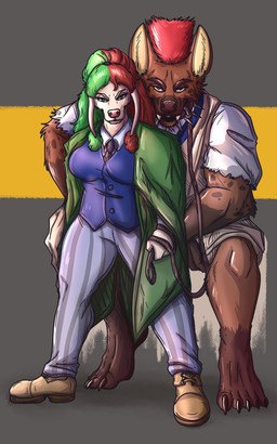 5_toes anthro barefoot bottomwear breasts brown_body brown_fur brown_nose claws clothed clothing collar crouching duo fangs feet female footwear fully_clothed fur green_hair hair holding_leash holding_object humanoid_feet humanoid_hands jacket larger_male leash looking_at_viewer male male/female markings necktie pants pattern_bottomwear pattern_clothing pattern_pants pink_nose plantigrade red_hair shoes size_difference smaller_female spiked_collar spikes split_color_hair spots spotted_body spotted_fur standing striped_bottomwear striped_clothing striped_pants stripes teeth toe_claws toes topwear vest white_body white_fur bombayeen_(artist) beastars manna-mint mr.hakkai bear canid canine canis domestic_dog hybrid hyena mammal poodle spotted_hyena 2022 5:8 hi_res