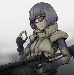 1_eye 5_fingers bullet clothed clothing female fingers gloves gun hair handwear monster_girl_(genre) not_furry purple_eyes purple_hair ranged_weapon simple_background solo weapon imperator-shiro monster_musume manako_(monster_musume) cyclops humanoid hi_res