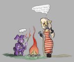 anthro bow_tie burning campfire clothing collar dress duo fangs female fire fire_hose half-closed_eyes kneeling machine narrowed_eyes rock stick sundress teeth warning lovelocked the_walten_files banny_(twf) sha_(twf) bovid caprine lagomorph leporid mammal rabbit robot sheep