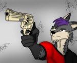 anthro black_clothing black_topwear clothing fur golden_gun grey_body grey_fur gun hair handgun holding_gun holding_object holding_ranged_weapon holding_weapon male multicolored_clothing multicolored_topwear purple_hair ranged_weapon red_clothing red_topwear revolver solo topwear two_tone_clothing two_tone_topwear weapon nicolasthewolf canid canine canis mammal wolf