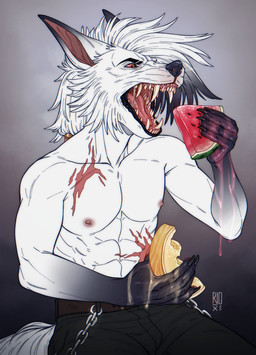 anthro belt black_body black_bottomwear black_clothing black_hair black_nose black_pants bodily_fluids bottomwear brown_belt chain cheek_tuft clothing ears_back eating facial_tuft food fruit glistening glistening_eyes gradient_background gradient_fur hair holding_food holding_fruit holding_melon holding_object logo male melon muscular muscular_anthro muscular_male narrowed_eyes nipples open_mouth orange_eyes pants pivoted_ears plant red_inner_ear red_nipples red_tongue saliva saliva_string scar sharp_teeth simple_background sitting solo teeth tongue tuft white_hair riorix canid mammal 2021 artist_logo dated hi_res