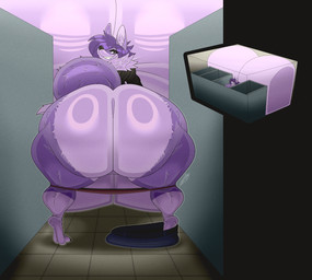 anthro big_breasts big_butt breasts butt female hair huge_breasts huge_butt huge_hips huge_thighs hyper hyper_breasts hyper_butt inflation looking_at_viewer looking_back mostly_nude overweight overweight_anthro overweight_female purple_body purple_eyes purple_hair smile solo thick_thighs wide_hips daeriusus tina_(jaeh) canid canine canis mammal wolf 2026 hi_res