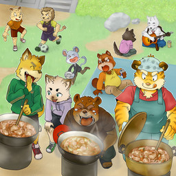 acoustic_guitar anthro apron belly bottomwear brown_body brown_fur clothing cooking eyes_closed food fur group guitar hoodie kemono male musical_instrument pants plucked_string_instrument shirt shorts sitting slightly_chubby string_instrument tongue tongue_out topwear white_body white_fur young kuwasuke bear canid canine canis domestic_cat domestic_dog felid feline felis fox lion mammal mouse murid murine pantherine rodent tiger 1:1 2009