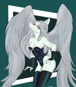 anthro armwear biped black_clothing black_legwear black_thigh_highs bone_frill breasts bridal_gauntlets bunny_costume claws clothed clothed_anthro clothed_female clothing costume elbow_feathers feathered_wings feathers female female_anthro finger_claws fingers frill_(anatomy) green_background grey_body grey_feathers grey_hair hair hand_on_hip humanoid_hands legwear long_hair looking_at_viewer markings medium_breasts non-mammal_breasts orange_eyes pose seductive short_tail simple_background skimpy smile smirk solo standing striped_markings stripes tail text thigh_highs wings louiss. goodbye_volcano_high ko_op_(game_developer) fang_(gvh) prehistoric_species pterosaur reptile scalie 2025 absurd_res artist_name digital_media_(artwork) hi_res pinup