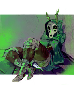 anthro antlers bone bone_mask cloak clothing dagger dungeon glowing green_body horn mask melee_weapon mummy_wrappings robe skull skull_mask solo stone_floor stone_wall wall_(structure) weapon wrappings zanthu slay_the_spire the_silent 2026 digital_media_(artwork) hi_res