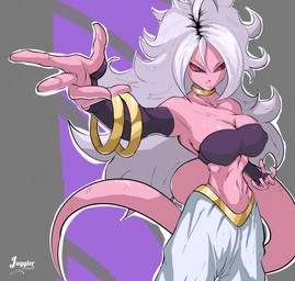 big_breasts bottomwear breasts cleavage clothed clothing female hair long_hair looking_at_viewer not_furry pants pink_body solo standing white_hair juggler_(artist) dragon_ball dragon_ball_fighterz android_21 majin_android_21 humanoid absurd_res hi_res
