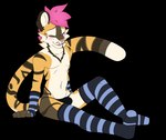 anthro blush bulge clothing femboy hair legwear long_tail male mostly_nude_male panties pink_hair solo stripes tail thigh_highs thong underwear aether_stripes kiari_templaris felid mammal pantherine tiger