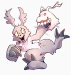 ambiguous_gender anthro bite bodily_fluids duo feral fur grey_body grey_fur humor long_ears pain pink_body red_eyes sharp_teeth simple_background tears teeth white_background nuitt bandai_namco digimon digimon_(species) gazimon tokomon hi_res