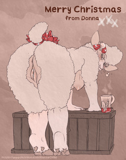 anthro anus bell bent_over blush box breasts bubble butt container crate drunk drunk_bubble elderly_anthro elderly_female female fur genitals holiday_message holidays jingle_bell looking_at_viewer looking_back looking_back_at_viewer mature_anthro mature_female nipples nude nude_anthro nude_female presenting presenting_hindquarters solo substance_intoxication tail text vulva wool_(fur) kantachibli christmas donna_(kantachibli) bovid caprine mammal sheep english_text hi_res url