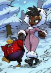 bottomwear clothing dark_body dark_skin duo feet female jacket membrane_(anatomy) outside pants plant plantlife snow suit toes topwear tree walking webbed_feet winter bittenhard avian bird human mammal penguin