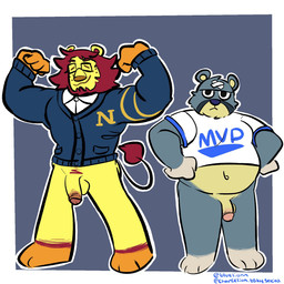 anthro bandage bandage_on_face beard belly bluelionn clothed clothing duo eyewear facial_hair flaccid flexing freckles genitals glasses jacket male male/male muscular overweight partially_clothed penis pubes shirt topwear animal_crossing nintendo curt_(animal_crossing) mott_(animal_crossing) bear felid lion mammal pantherine 1:1 hi_res