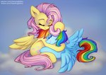 blue_body duo female female/female hair happy hug multicolored_hair rainbow_hair smile wings yellow_body chaosangeldesu friendship_is_magic hasbro my_little_pony mythology fluttershy_(mlp) rainbow_dash_(mlp) equid equine horse mammal mythological_creature mythological_equine pegasus pony