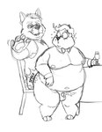 anthro belly big_belly blush bodily_fluids bow_tie butt_slap cum duo genital_fluids genitals male male/male mature_male micropenis moobs navel nipples overweight overweight_male penis sitting slap small_penis spanking bravo canid canine canis domestic_dog mammal 2022 black_and_white hi_res monochrome