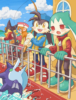 anthro black_body black_fur blue_clothing blue_sweater blue_topwear blush boat bottomwear clothing female fishing fishing_rod footwear fur green_body green_fur group kemono life_jacket male male/male on_boat open_mouth pants red_clothing red_eyes red_footwear red_shoes red_sneakers red_sweater red_topwear shoes sneakers sweater topwear vehicle watercraft yellow_eyes young young_anthro young_male amber_graygamma bandai_namco klonoa_(series) guntz king_of_sorrow klonoa lolo_(klonoa) aquatic fish 2024 hi_res