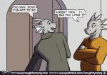 anthro black_eyes broken_horn brother_(lore) brothers_(lore) clothed clothing comic corridor crossed_arms dialogue dom_(naughtymorg) door doorframe dragon duo ear_fins english_text fin fully_clothed horn logo male mythological_creature mythological_scalie mythology naughtymorg patreon patreon_logo scalie seph_(naughtymorg) sibling_(lore) signature speech_bubble sweater text topwear url