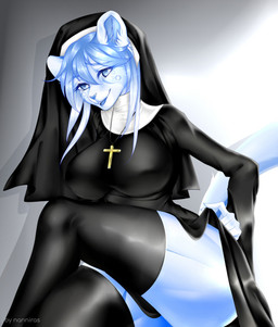 anthro black_clothing black_dress black_legwear blue_body blue_eyes blue_hair breasts clothed clothing clothing_lift cross cross_necklace crossed_legs curvy_figure dress eyebrow_through_hair eyebrows female hair hourglass_figure jewelry legwear necklace nipple_outline nun nun_outfit open_mouth pose short_hair simple_background sitting smile solo thick_thighs thigh_highs translucent translucent_hair nanniras felid mammal pantherine snow_leopard 2020 character_request hi_res shaded