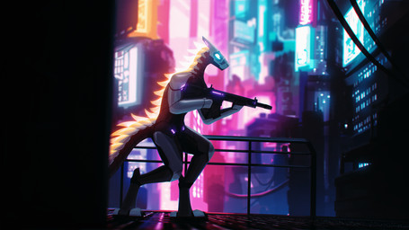 anthro black_body blonde_mane blue_eyes blurred_background cyberpunk glowing glowing_eyes gun holographic male mane multicolored_body neon_lights night purple_neon ranged_weapon segmented_neck segmented_tail solo tail two_tone_body weapon white_body synthpara laggron_(synth) synth_(vader-san) 16:9 4k absurd_res hi_res widescreen