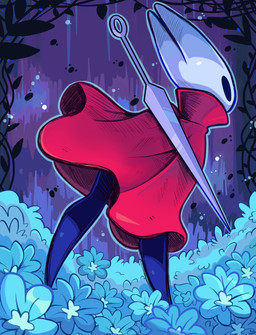 biped black_body black_eyes blue_background cape clothed clothing female flower grass leaf melee_weapon outside plant red_cape red_clothing simple_background solo standing weapon white_body wolfang_fh hollow_knight_(franchise) team_cherry hornet_(hollow_knight) arachnid arthropod humanoid insect colored hi_res shaded